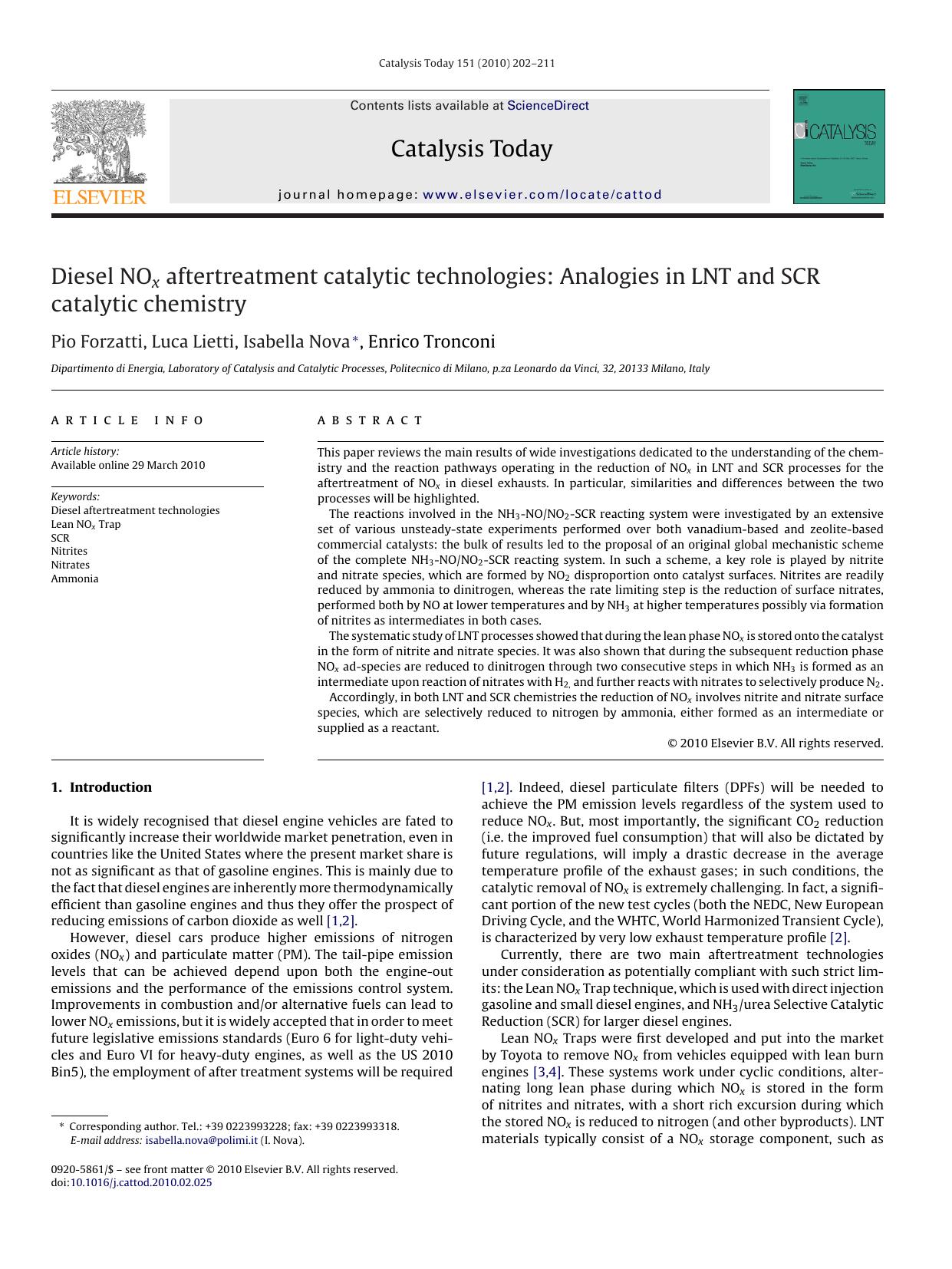 Diesel NOx aftertreatment catalytic technologies: Analogies in LNT and SCR catalytic chemistry by Pio Forzatti; Luca Lietti; Isabella Nova; Enrico Tronconi