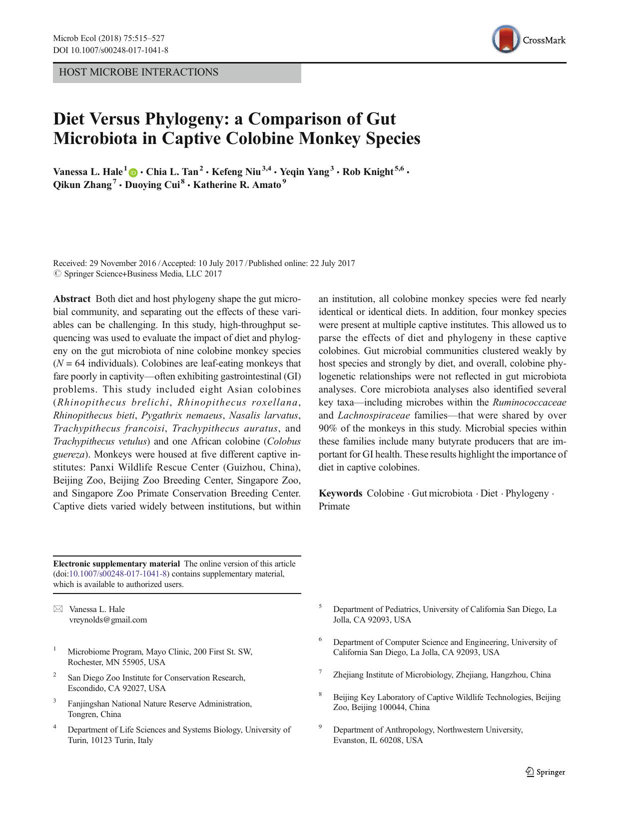 Diet Versus Phylogeny: a Comparison of Gut Microbiota in Captive Colobine Monkey Species by unknow