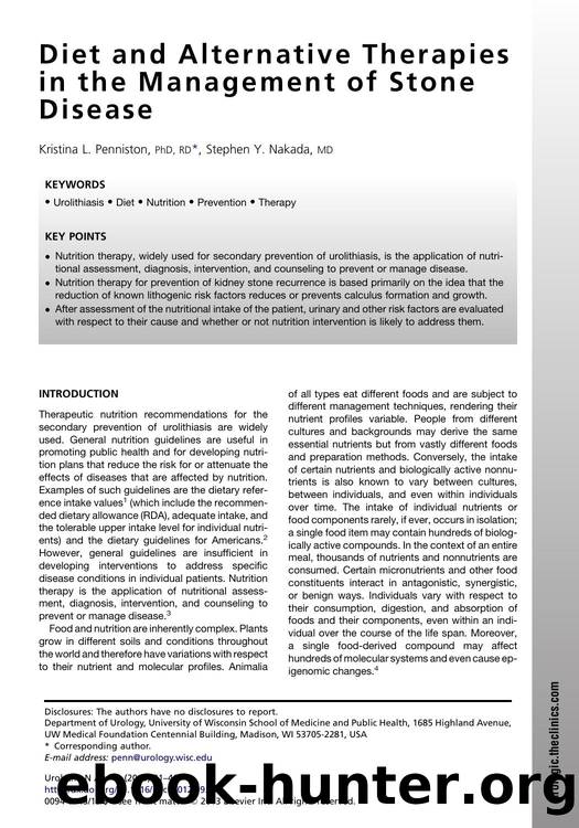 Diet and Alternative Therapies in the Management of Stone Disease by Kristina L. Penniston PhD RD & Stephen Y. Nakada MD