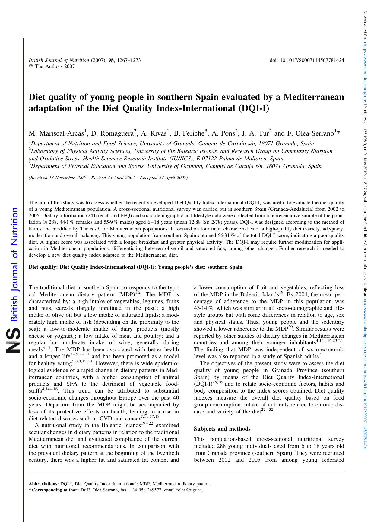 Diet quality of young people in southern Spain evaluated by a Mediterranean adaptation of the Diet Quality Index-International (DQI-I) by M. Mariscal-Arcas D. Romaguera A. Rivas B. Feriche A. Pons J. A. Tur F. Olea-Serrano