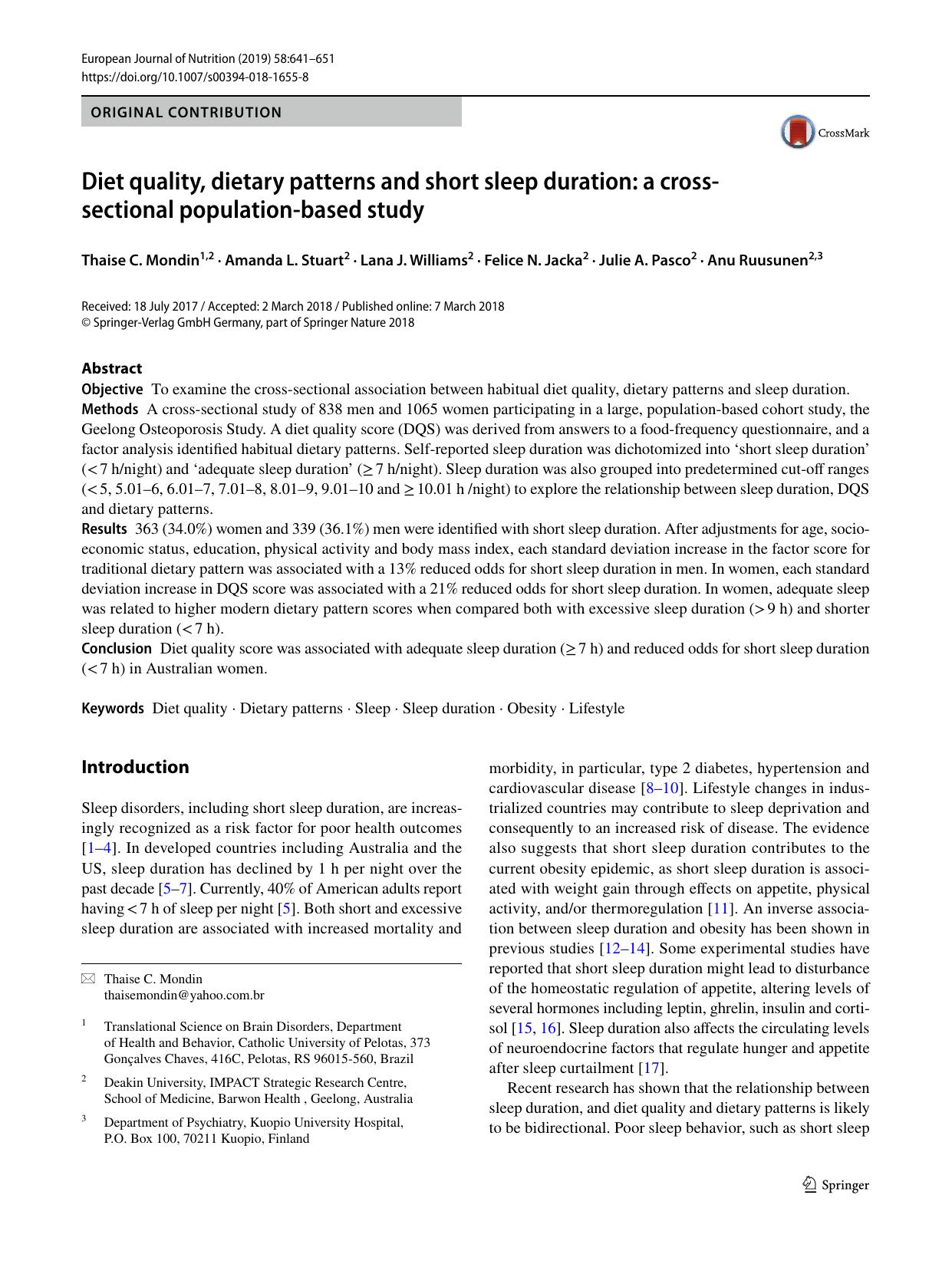 Diet quality, dietary patterns and short sleep duration: a cross-sectional population-based study by Thaise C. Mondin