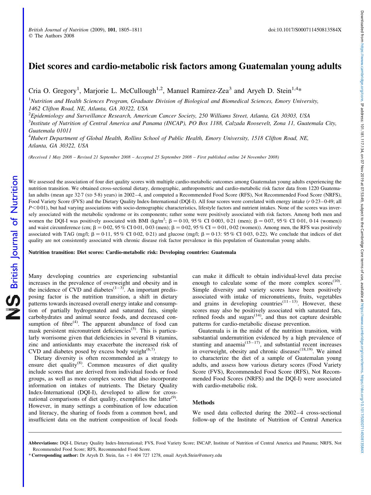 Diet scores and cardio-metabolic risk factors among Guatemalan young adults by Cria O. Gregory Marjorie L. McCullough Manuel Ramirez-Zea Aryeh D. Stein