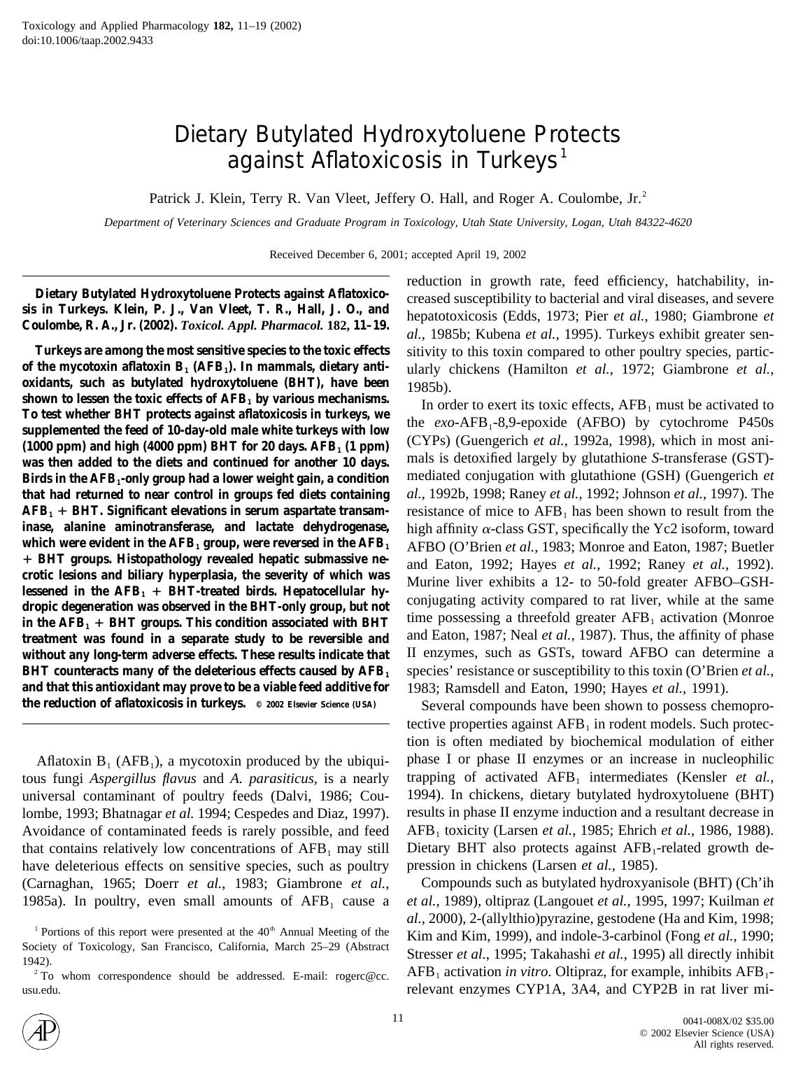Dietary Butylated Hydroxytoluene Protects against Aflatoxicosis in Turkeys by Klein P. J. et al