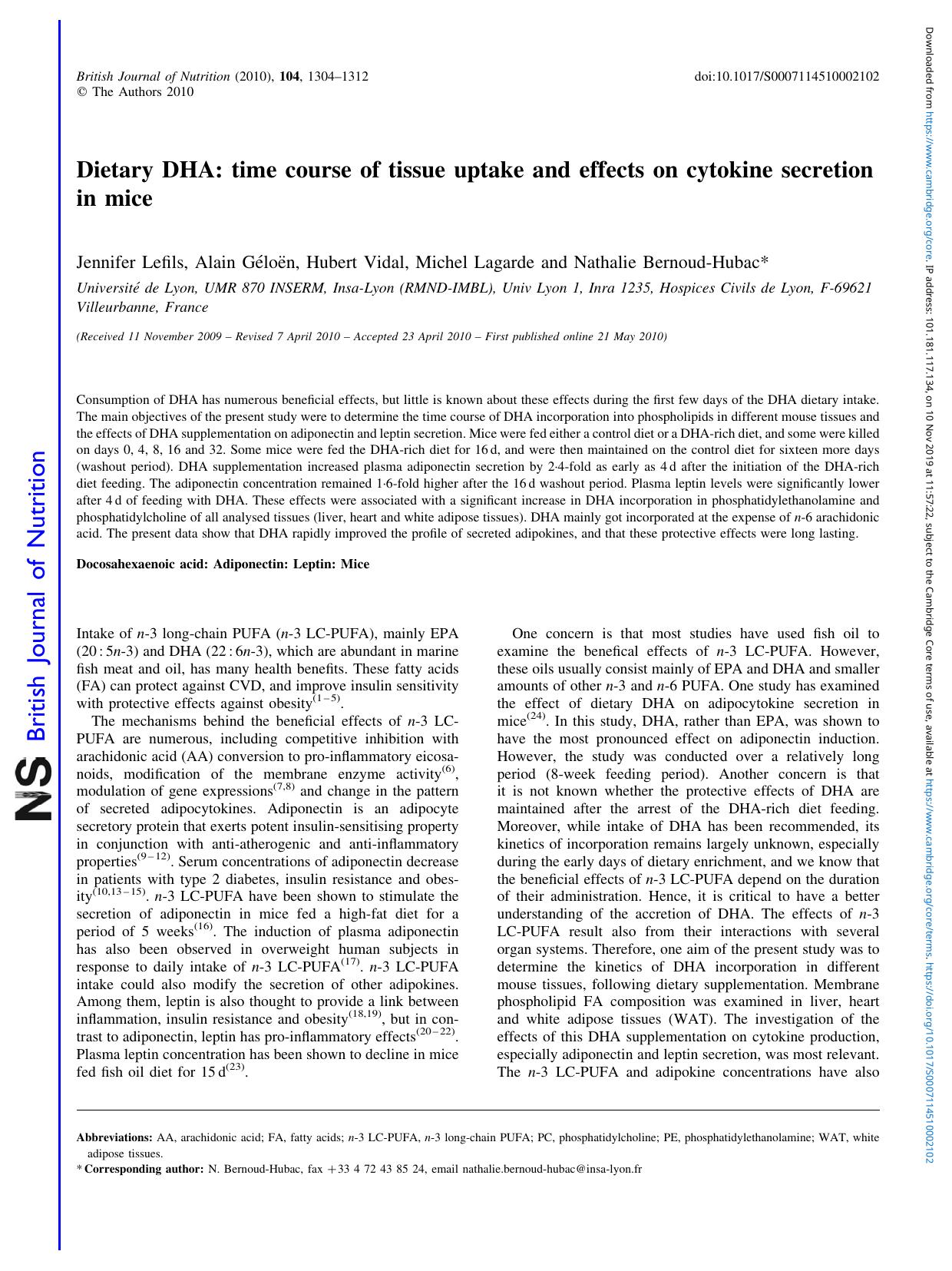 Dietary DHA: time course of tissue uptake and effects on cytokine secretion in mice by Jennifer Lefils Alain Géloën Hubert Vidal Michel Lagarde Nathalie Bernoud-Hubac