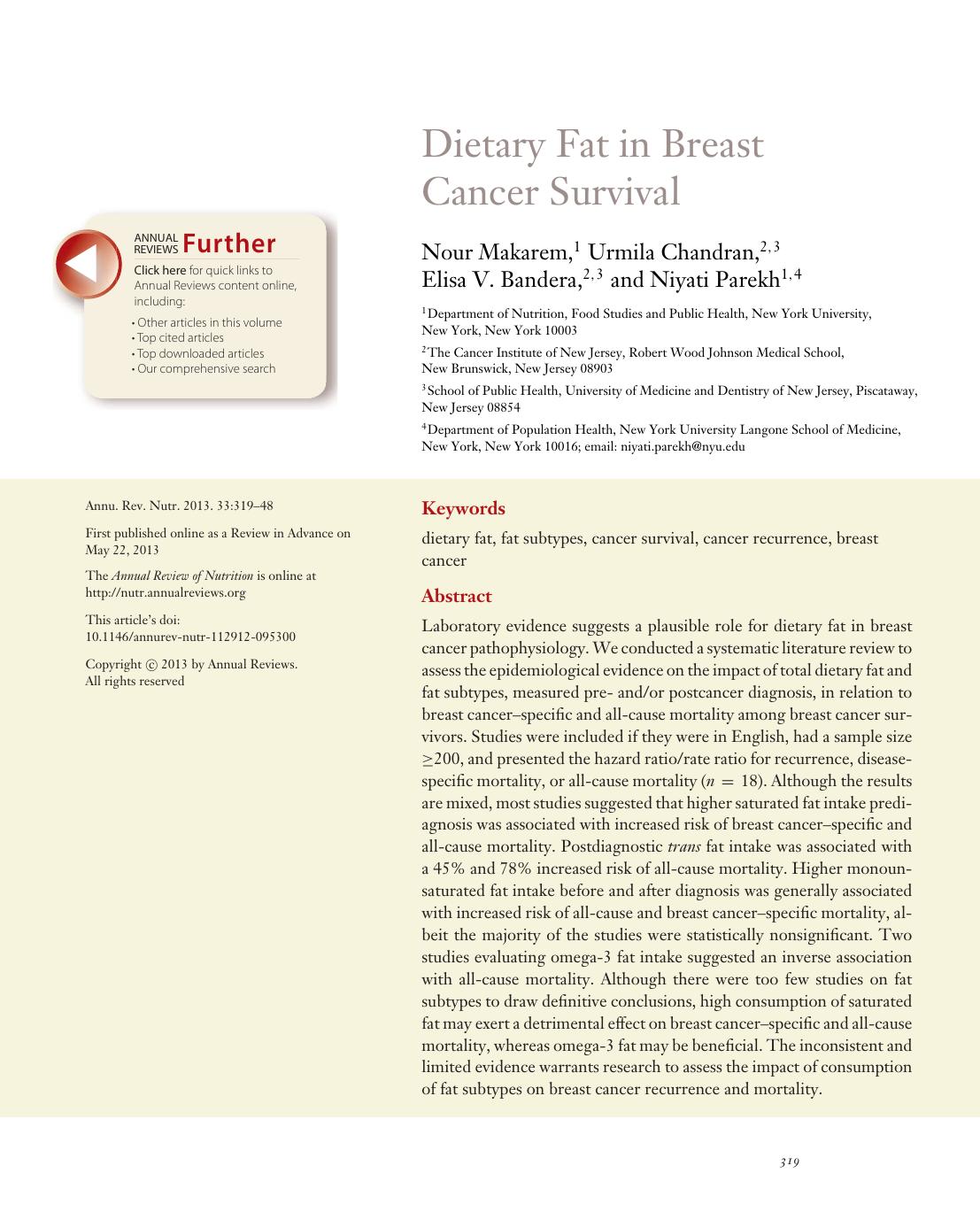 Dietary Fat in Breast Cancer Survival by Nour Makarem Urmila Chandran Elisa V. Bandera and Niyati Parekh