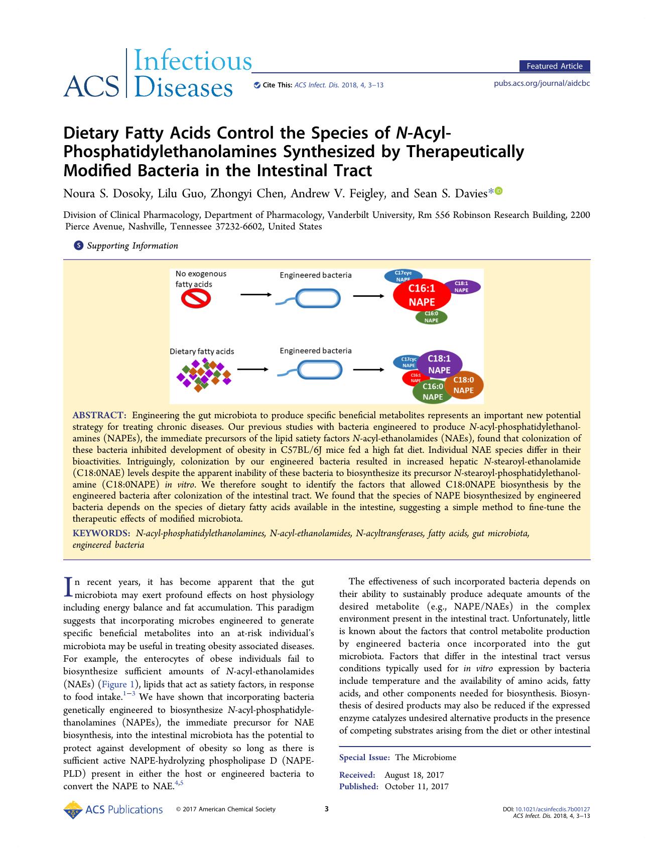Dietary Fatty Acids Control the Species of N-Acyl-Phosphatidylethanolamines Synthesized by Therapeutically Modified Bacteria in the Intestinal Tract by Noura S. Dosoky Lilu Guo Zhongyi Chen Andrew V. Feigley and Sean S. Davies