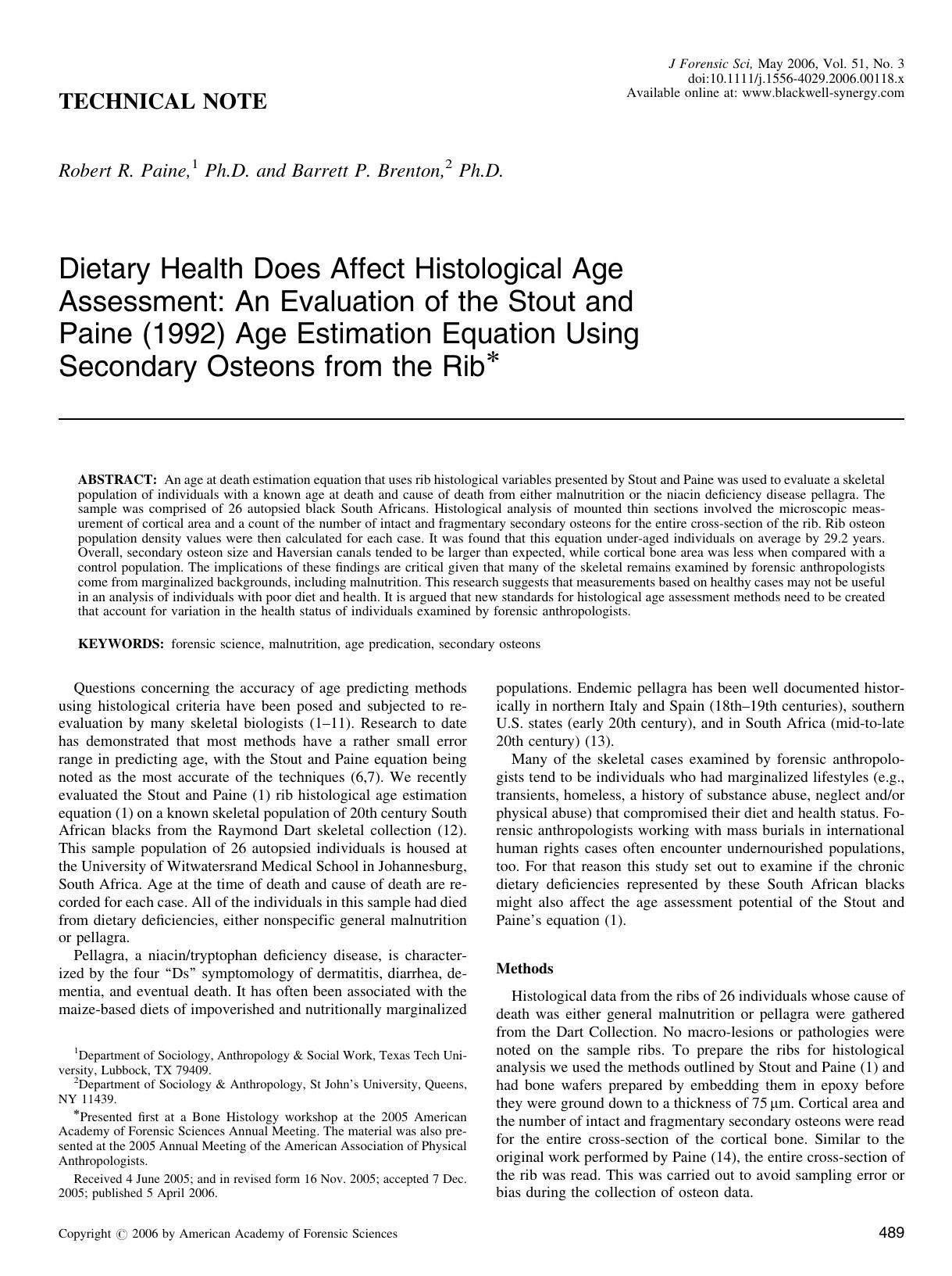 Dietary Health Does Affect Histological Age Assessment: An Evaluation of the Stout and Paine (1992) Age Estimation Equation Using Secondary Osteons from the Rib* by Unknown