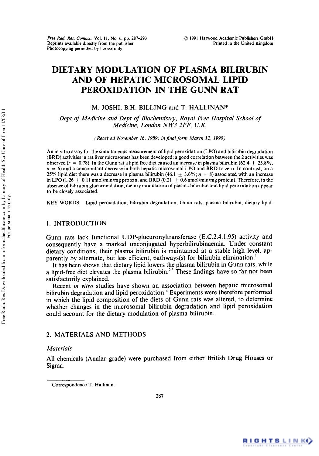 Dietary Modulation of Plasma Bilirubin and of Hepatic Microsomal Lipid Peroxidation in the Gunn Rat by M. Joshi1 B. H. Billing1 & T. Hallinan1