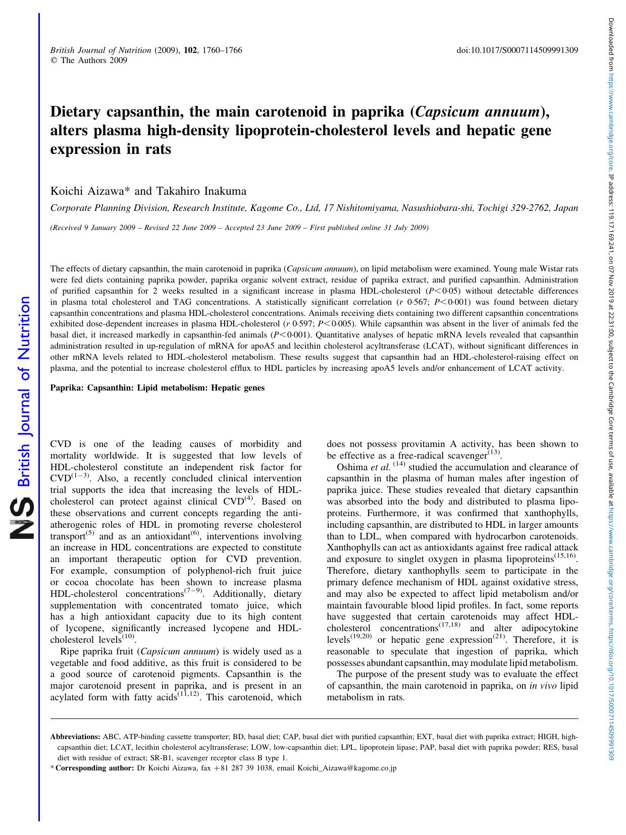 Dietary capsanthin, the main carotenoid in paprika ( Capsicum annuum), alters plasma high-density lipoprotein-cholesterol levels and hepatic gene expression in rats by Koichi Aizawa Takahiro Inakuma
