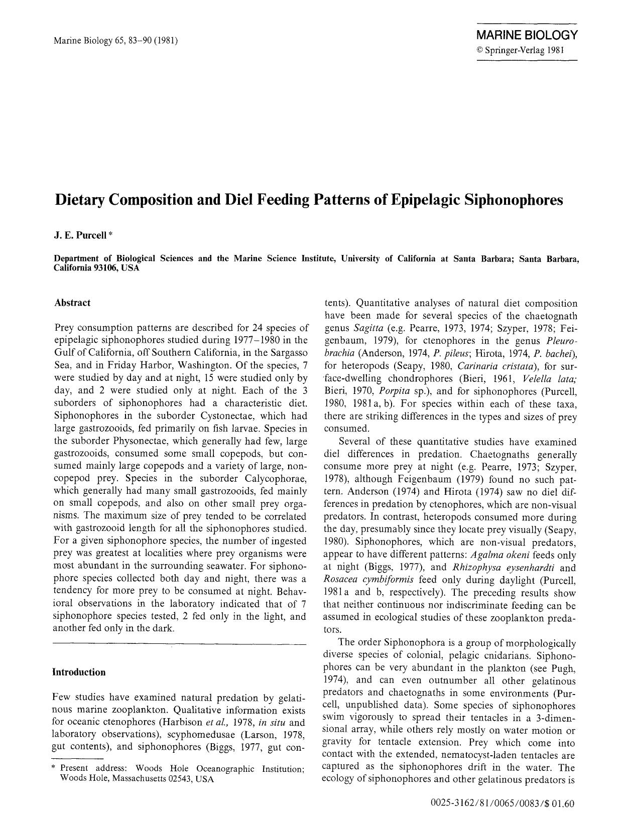 Dietary composition and diel feeding patterns of epipelagic siphonophores by Unknown