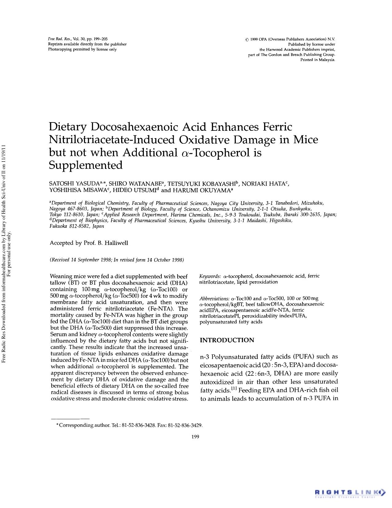 Dietary docosahexaenoic acid enhances ferric nitrilotriacetate-induced oxidative damage in mice but not when additional Î±-tocopherol is supplemented by unknow