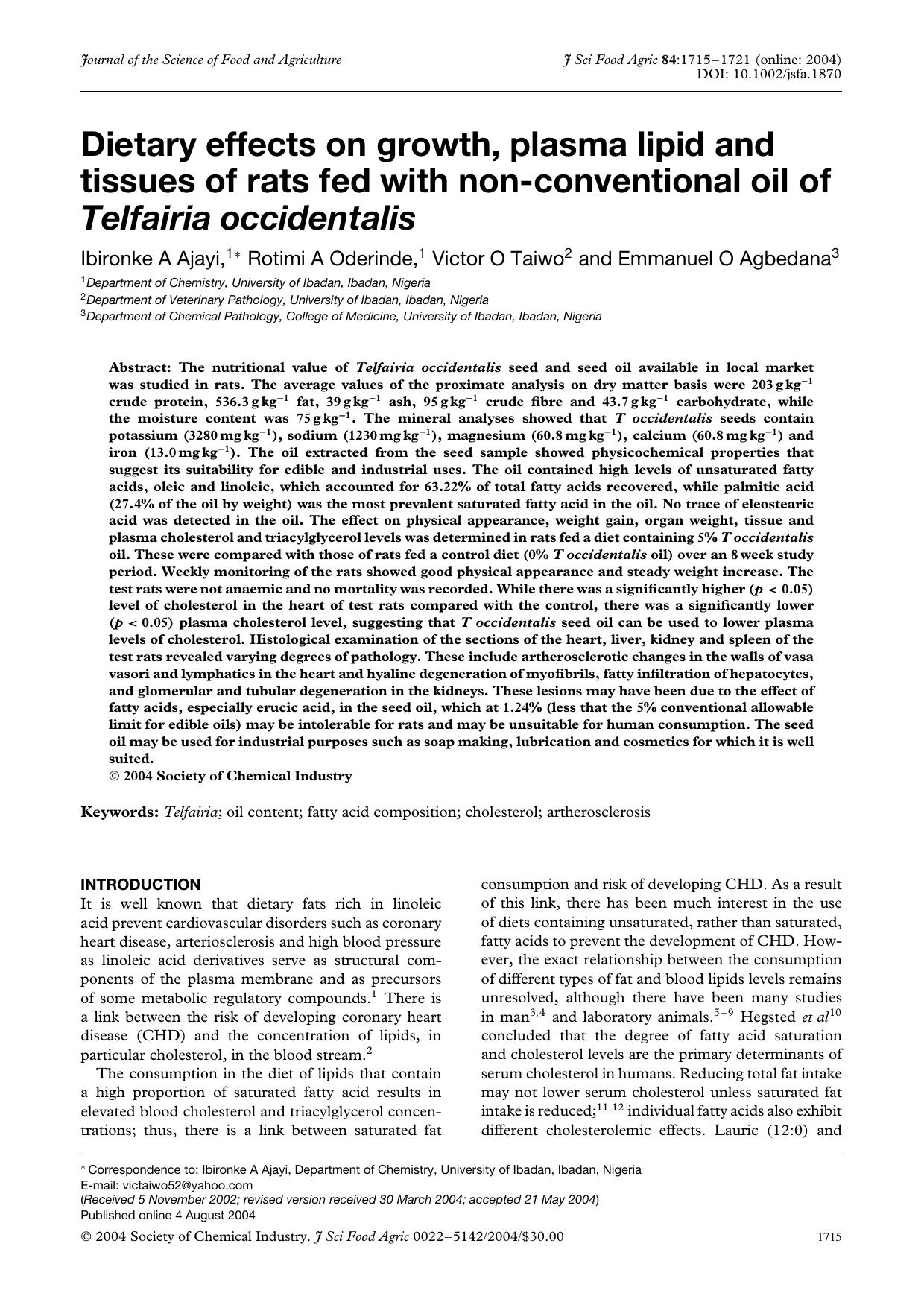 Dietary effects on growth, plasma lipid and tissues of rats fed with non-conventional oil of Telfairia occidentalis by Unknown