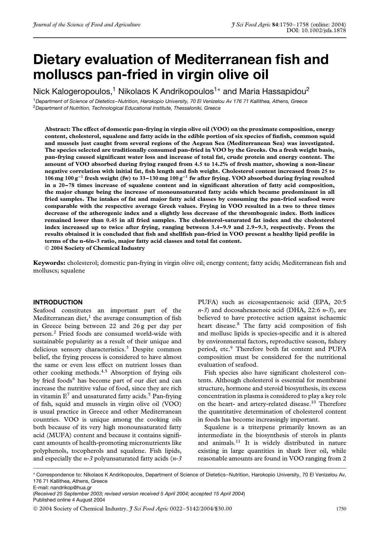 Dietary evaluation of Mediterranean fish and molluscs pan-fried in virgin olive oil by Unknown