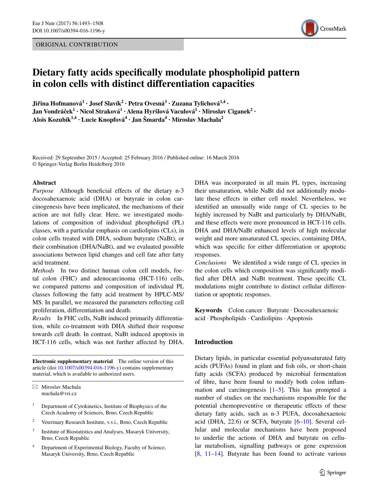 Dietary fatty acids specifically modulate phospholipid pattern in colon cells with distinct differentiation capacities by unknow