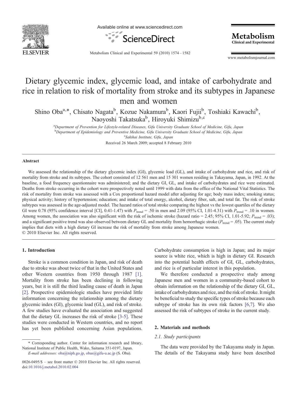 Dietary glycemic index, glycemic load, and intake of carbohydrate and rice in relation to risk of mortality from stroke and its subtypes in Japanese men and women by Shino Oba