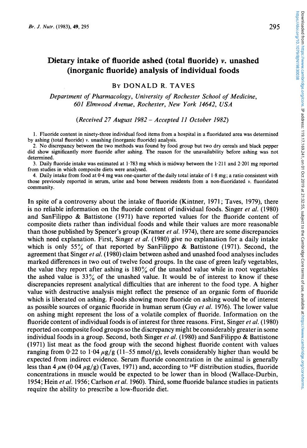 Dietary intake of fluoride ashed (total fluoride) v. unashed (inorganic fluoride) analysis of individual foods by Donald R. Taves