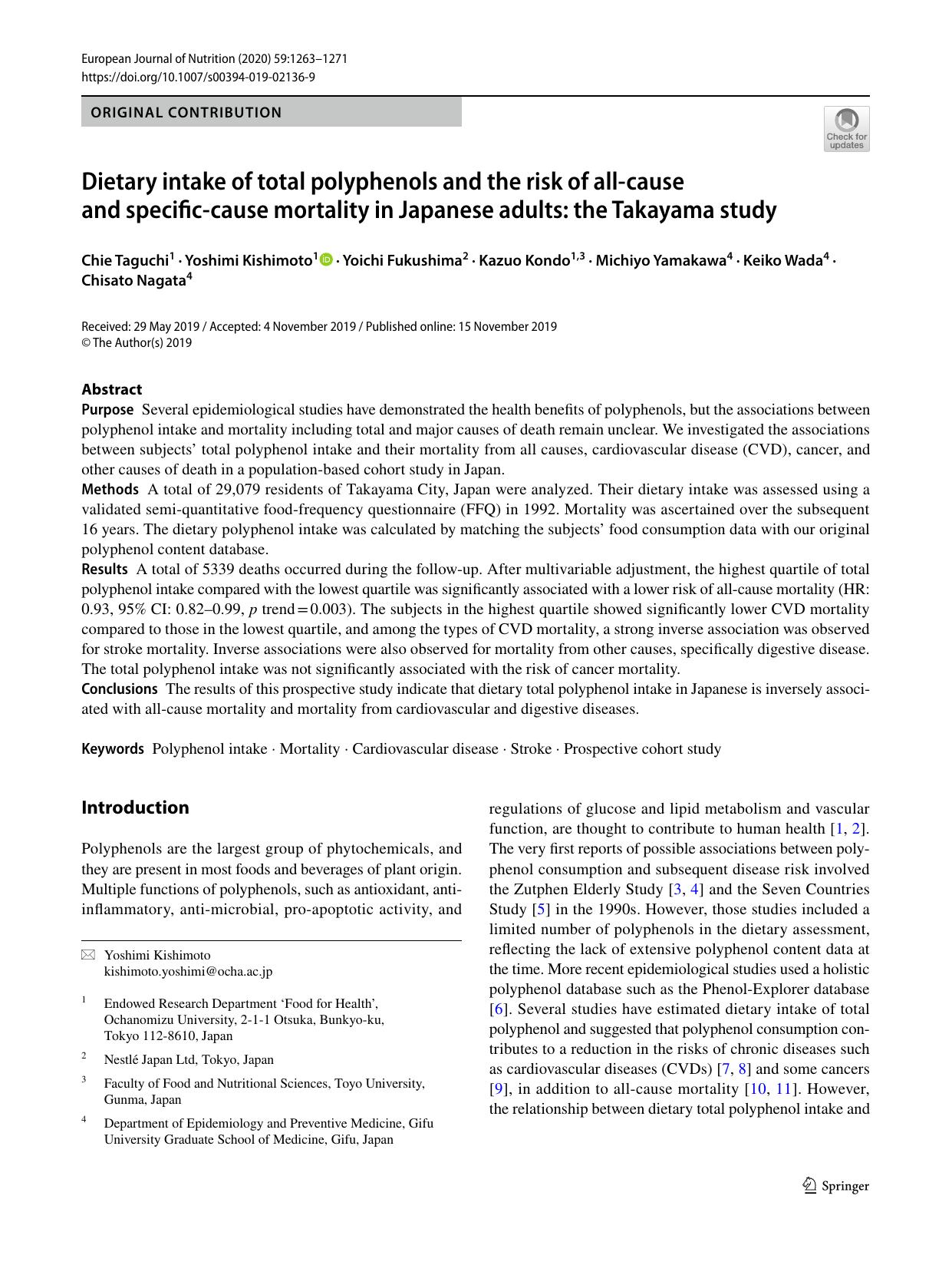 Dietary intake of total polyphenols and the risk of all-cause and specific-cause mortality in Japanese adults: the Takayama study by unknow