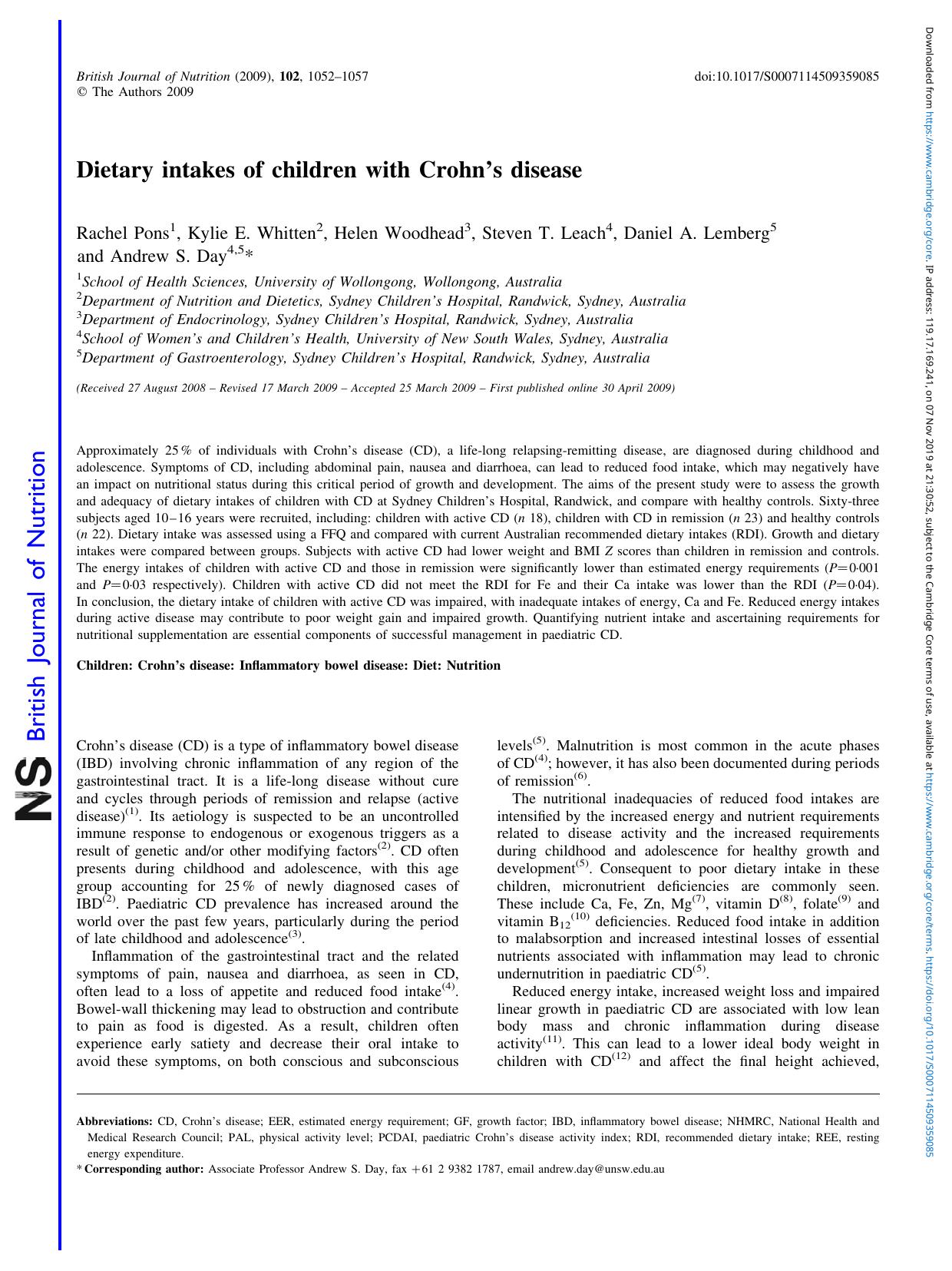 Dietary intakes of children with Crohn's disease by Rachel Pons Kylie E. Whitten Helen Woodhead Steven T. Leach Daniel A. Lemberg Andrew S. Day