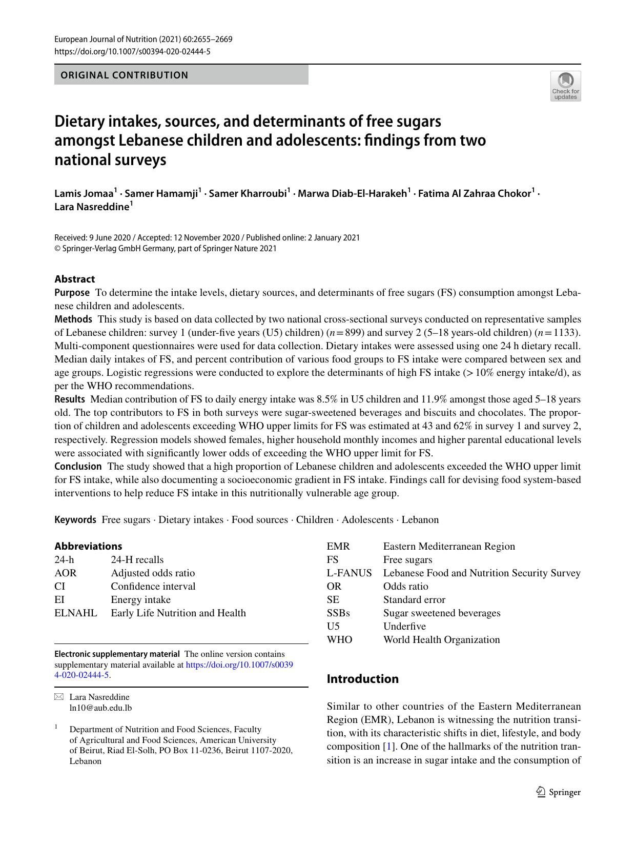 Dietary intakes, sources, and determinants of free sugars amongst Lebanese children and adolescents: findings from two national surveys by unknow
