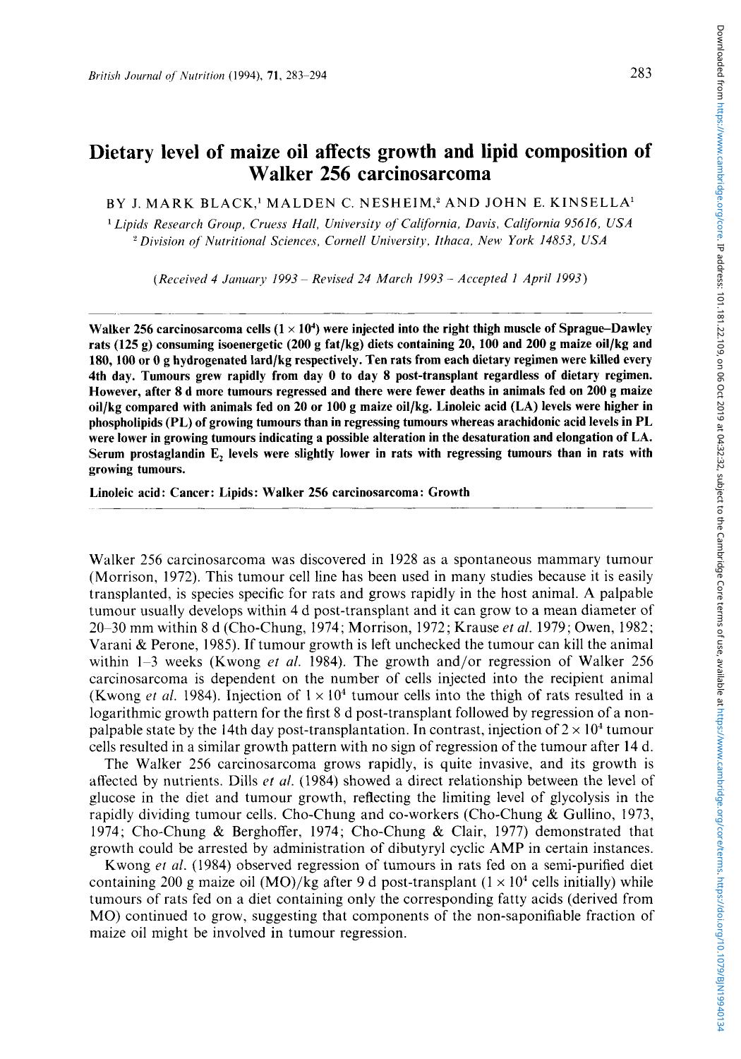 Dietary level of maize oil affects growth and lipid composition of Walker 256 carcinosarcoma by J. Mark Black Malden C. Nesheim & John E. Kinsella