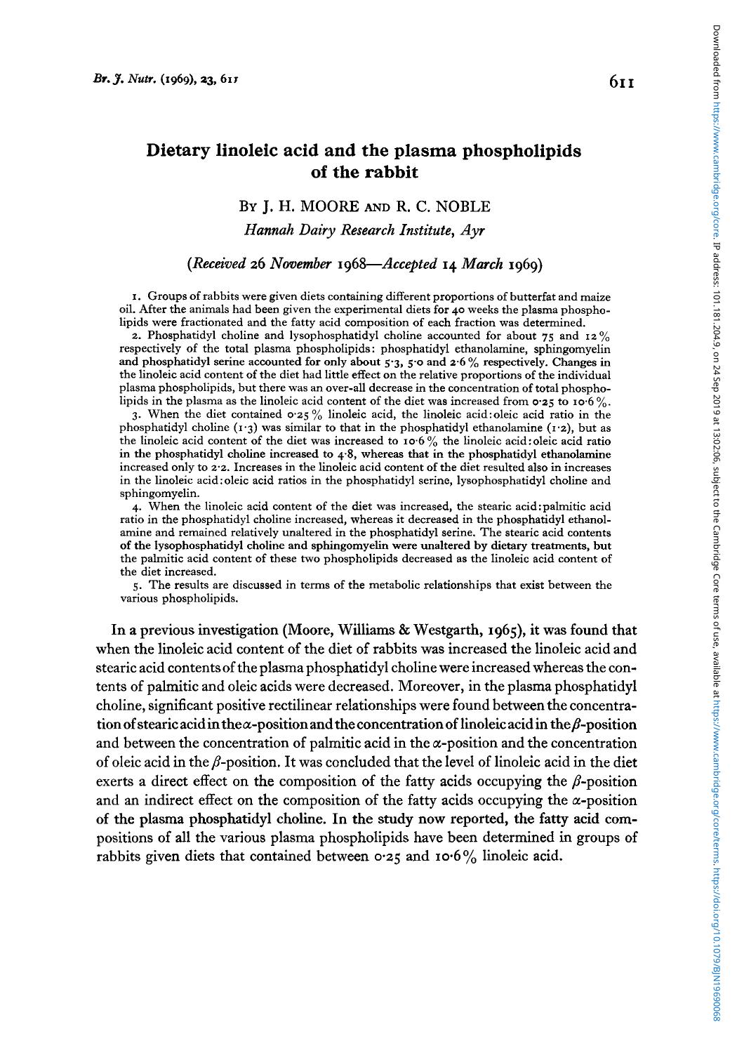 Dietary linoleic acid and the plasma phospholipids of the rabbit by J. H. Moore R. C. Noble