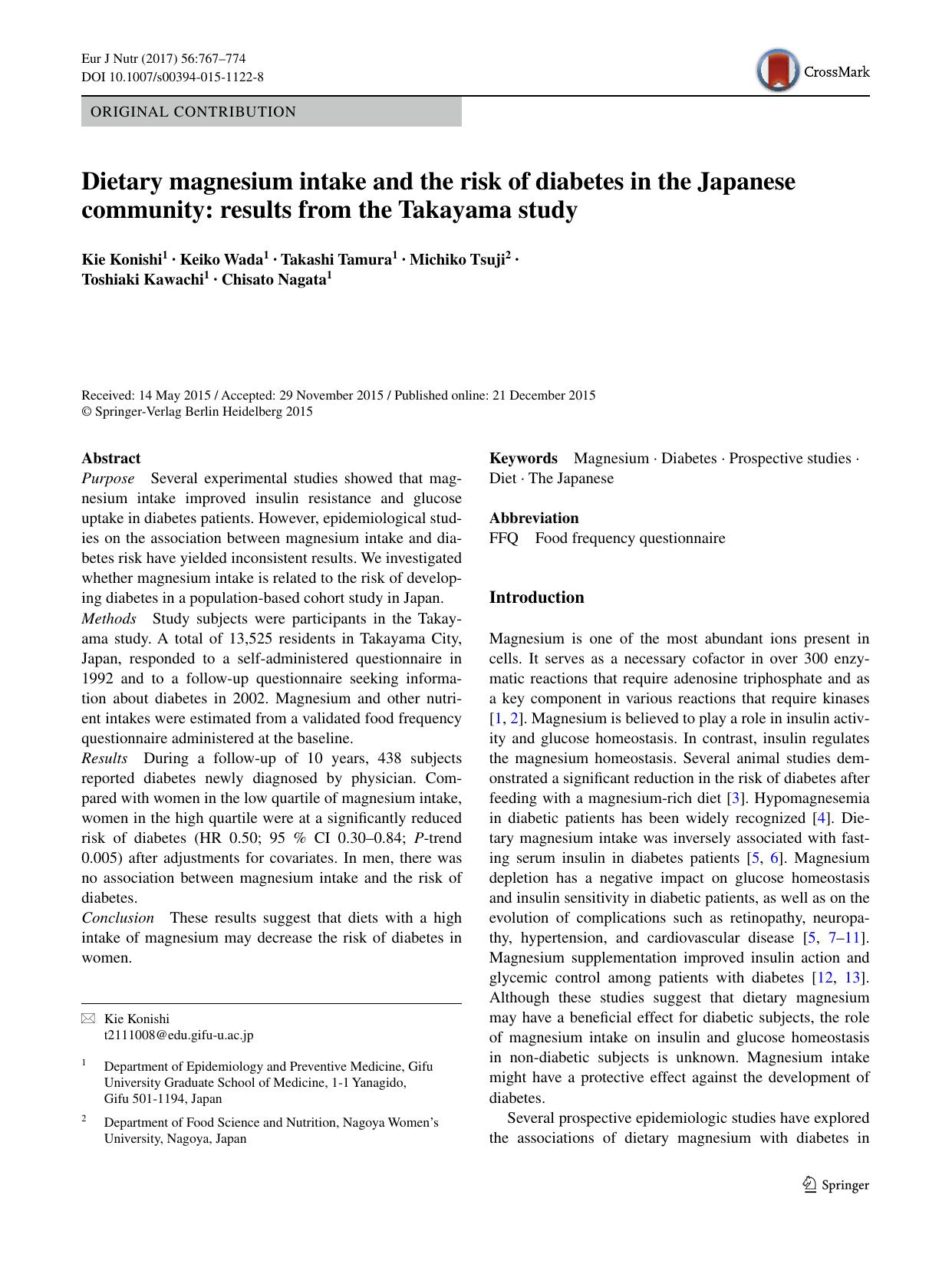 Dietary magnesium intake and the risk of diabetes in the Japanese community: results from the Takayama study by Kie Konishi & Keiko Wada & Takashi Tamura & Michiko Tsuji & Toshiaki Kawachi & Chisato Nagata