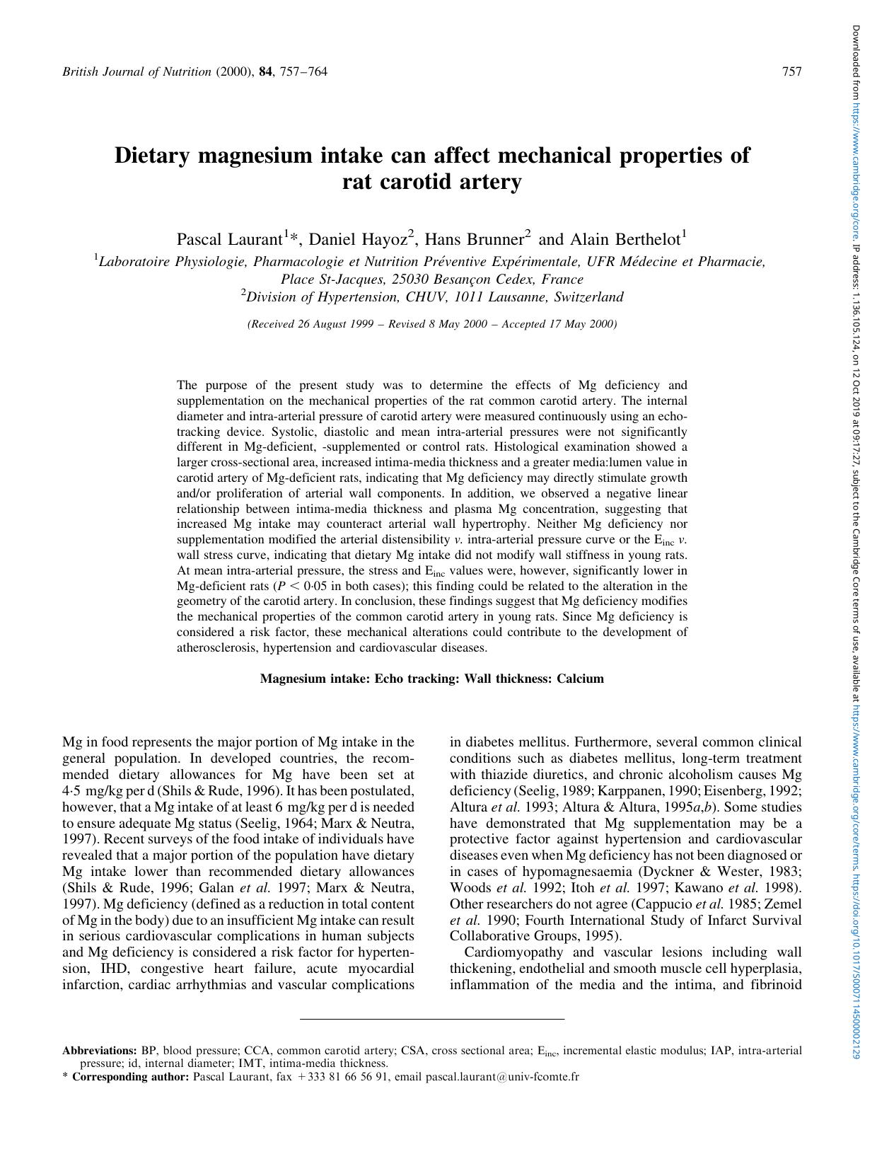 Dietary magnesium intake can affect mechanical properties of rat carotid artery by Pascal Laurant Daniel Hayoz Hans Brunner & Alain Berthelot