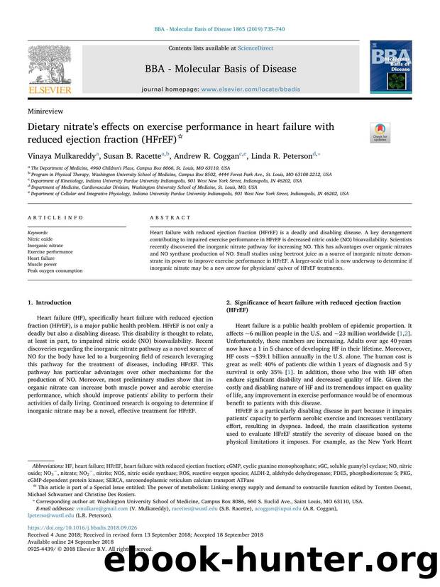 Dietary nitrate's effects on exercise performance in heart failure with reduced ejection fraction (HFrEF) by Vinaya Mulkareddy & Susan B. Racette & Andrew R. Coggan & Linda R. Peterson