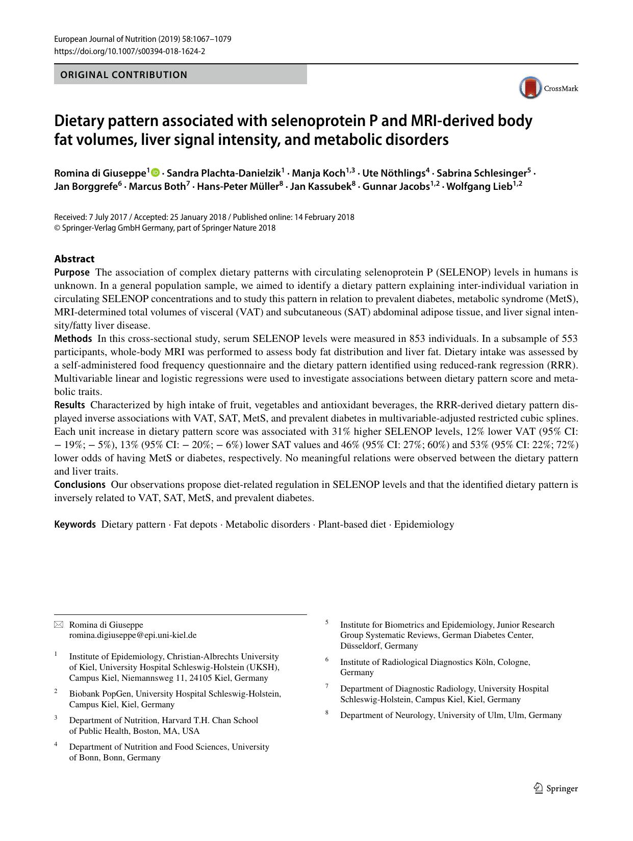 Dietary pattern associated with selenoprotein P and MRI-derived body fat volumes, liver signal intensity, and metabolic disorders by Romina di Giuseppe