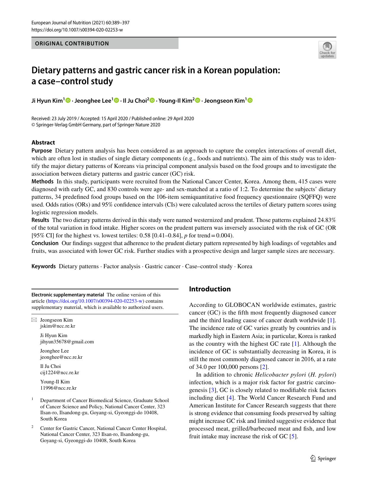 Dietary patterns and gastric cancer risk in a Korean population: a caseâcontrol study by Ji Hyun Kim & Jeonghee Lee & Il Ju Choi & Young-Il Kim & Jeongseon Kim