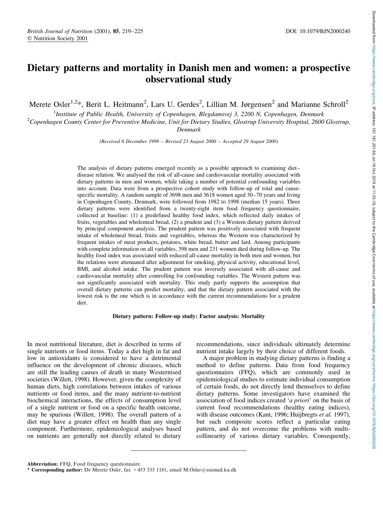 Dietary patterns and mortality in Danish men and women: a prospective observational study by Merete Osler Berit L. Heitmann Lars U. Gerdes Lillian M. Jørgensen Marianne Schroll