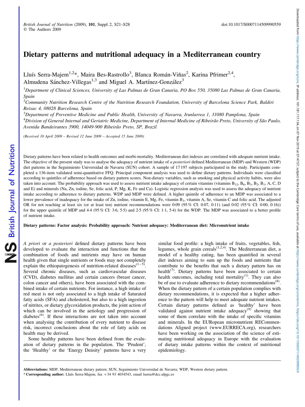 Dietary patterns and nutritional adequacy in a Mediterranean country by unknow