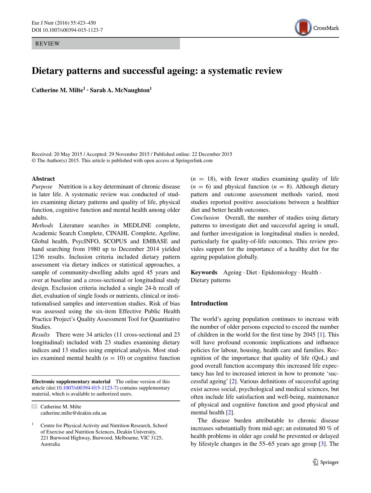 Dietary patterns and successful ageing: a systematic review by Catherine M. Milte & Sarah A. McNaughton