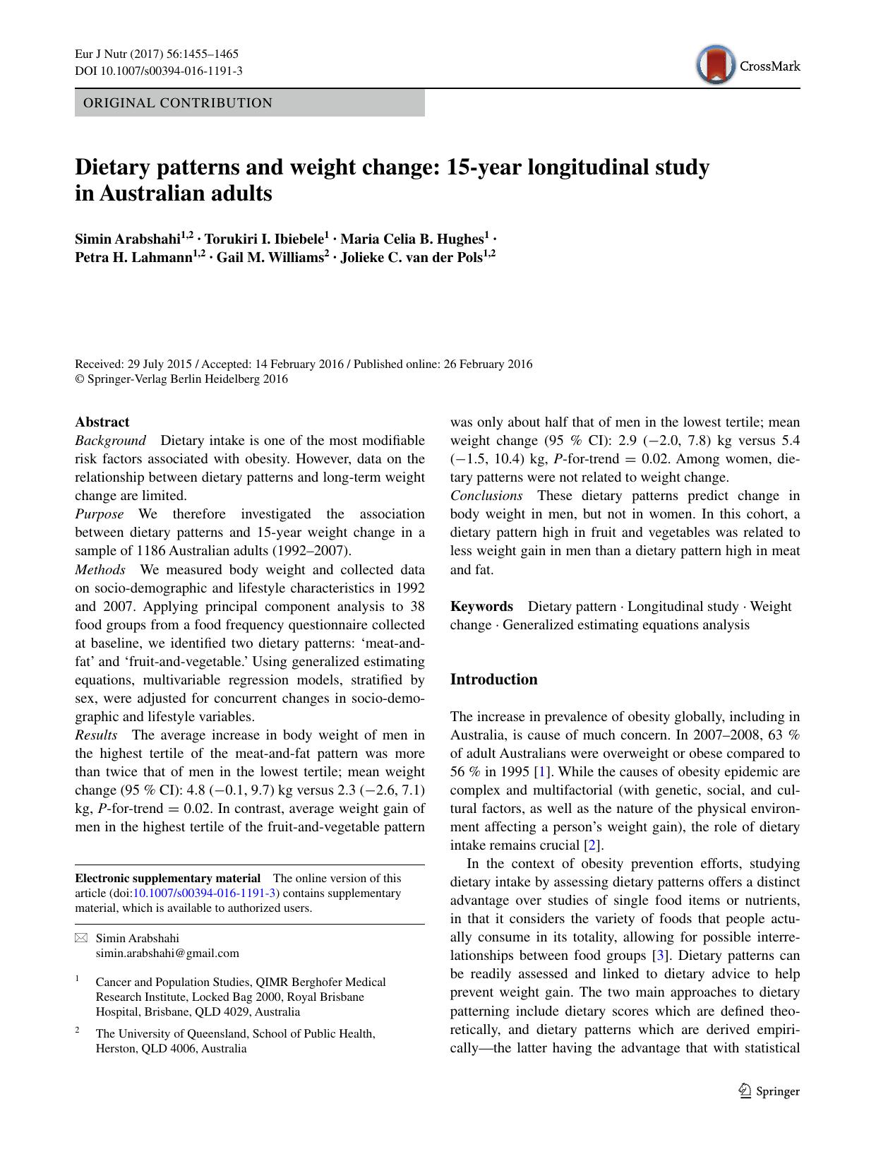 Dietary patterns and weight change: 15-year longitudinal study in Australian adults by unknow