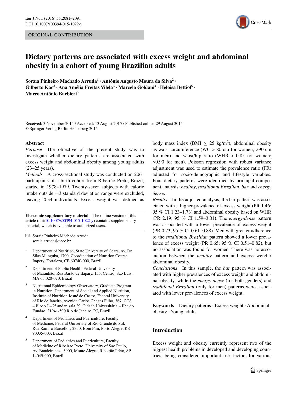 Dietary patterns are associated with excess weight and abdominal obesity in a cohort of young Brazilian adults by unknow