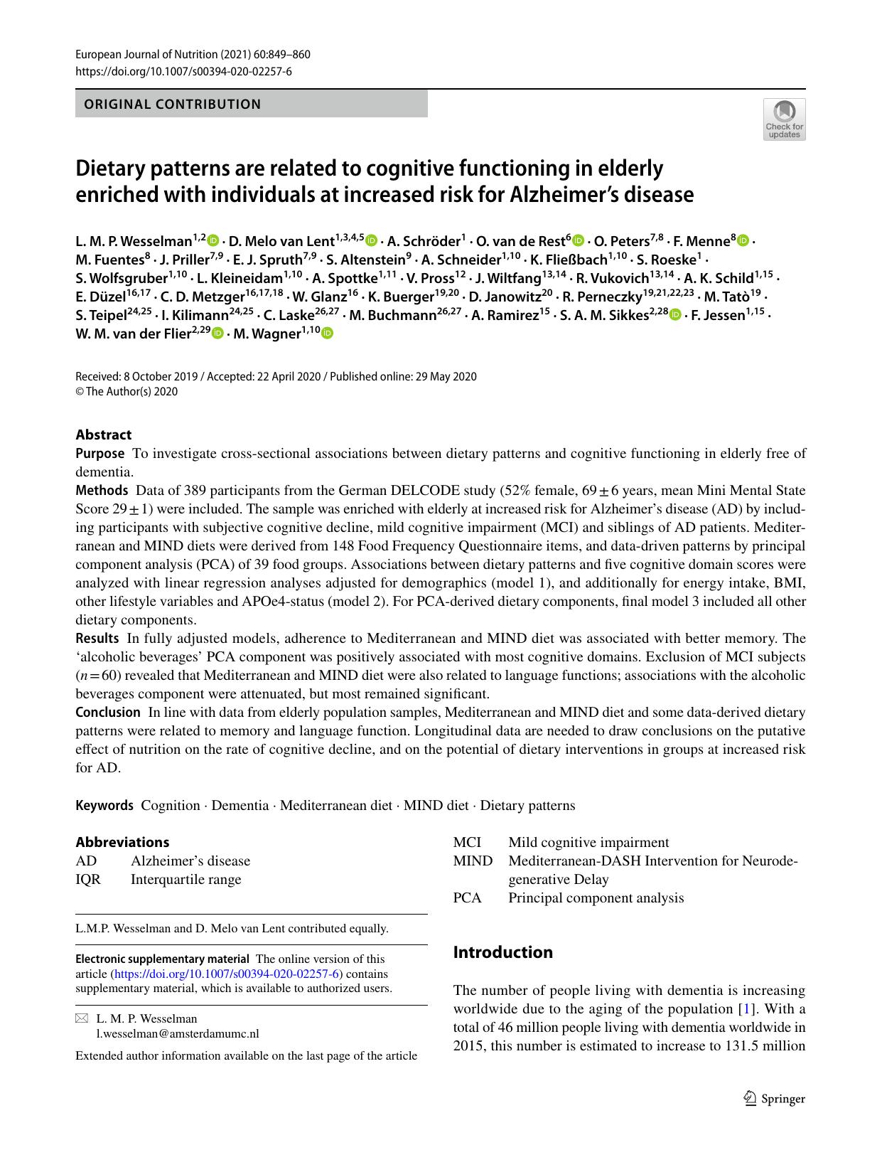 Dietary patterns are related to cognitive functioning in elderly enriched with individuals at increased risk for Alzheimerâs disease by unknow