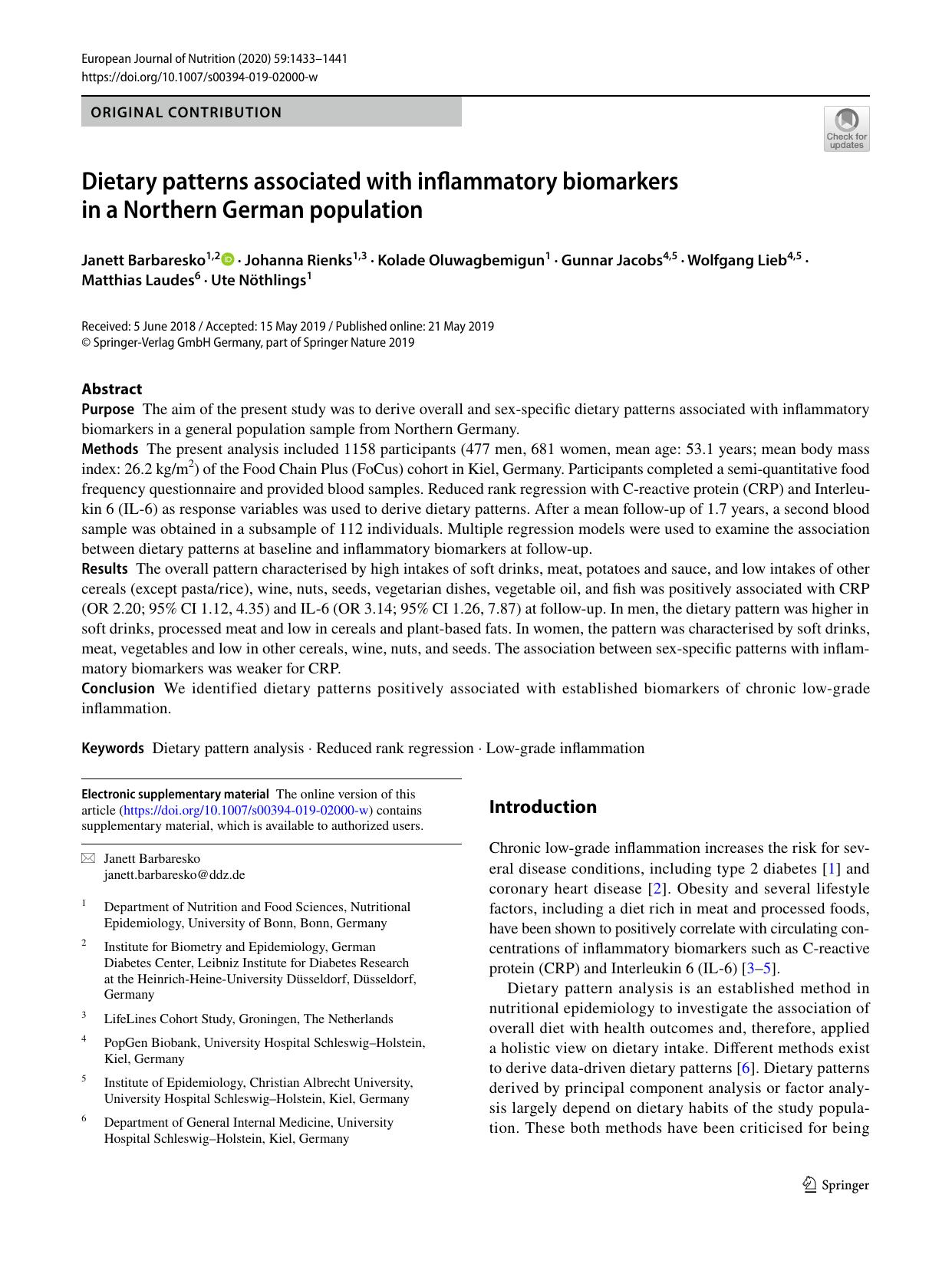 Dietary patterns associated with inflammatory biomarkers in a Northern German population by unknow