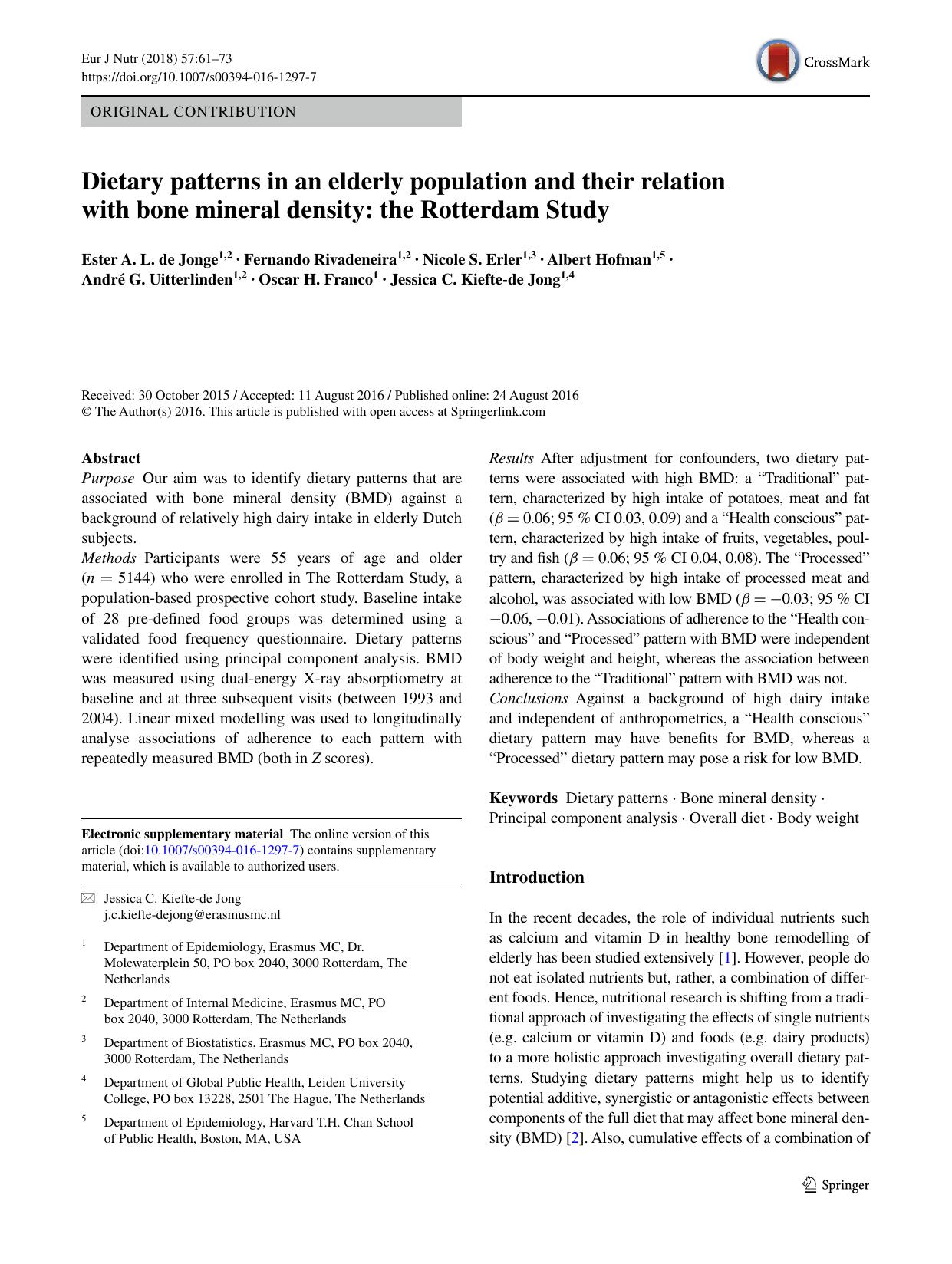 Dietary patterns in an elderly population and their relation with bone mineral density: the Rotterdam Study by unknow