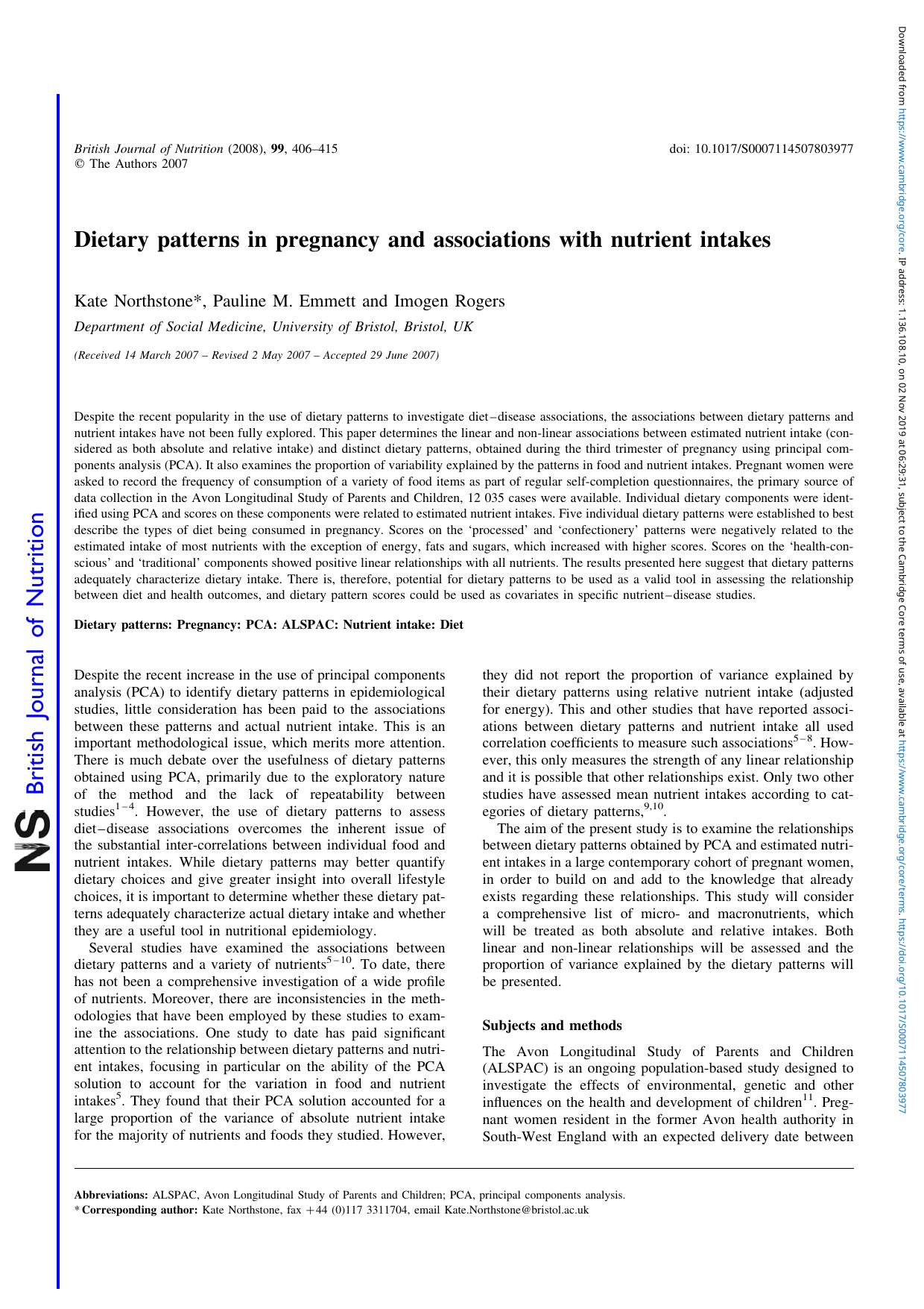 Dietary patterns in pregnancy and associations with nutrient intakes by Kate Northstone Pauline M. Emmett Imogen Rogers