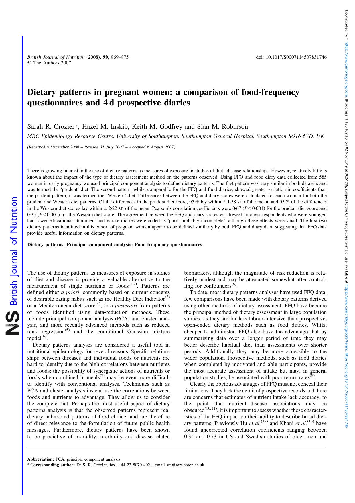 Dietary patterns in pregnant women: a comparison of food-frequency questionnaires and 4Â d prospective diaries by Sarah R. Crozier Hazel M. Inskip Keith M. Godfrey Siân M. Robinson