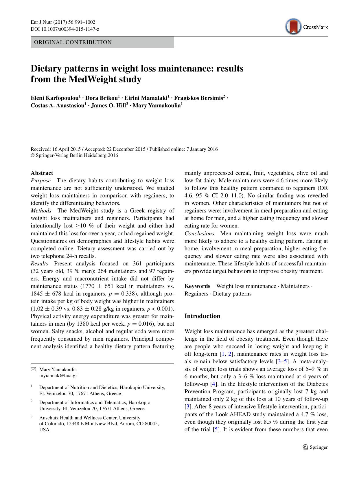 Dietary patterns in weight loss maintenance: results from the MedWeight study by unknow