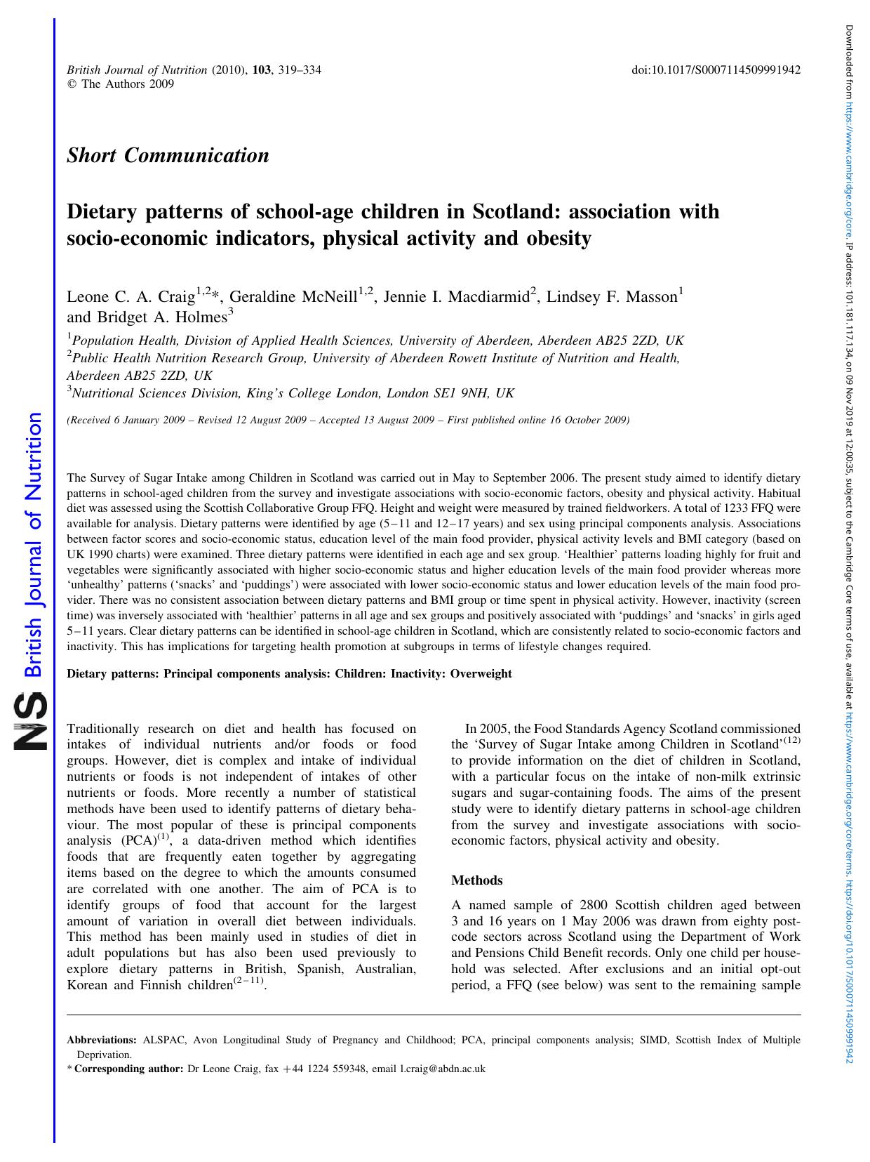 Dietary patterns of school-age children in Scotland: association with socio-economic indicators, physical activity and obesity by Leone C. A. Craig Geraldine McNeill Jennie I. Macdiarmid Lindsey F. Masson Bridget A. Holmes