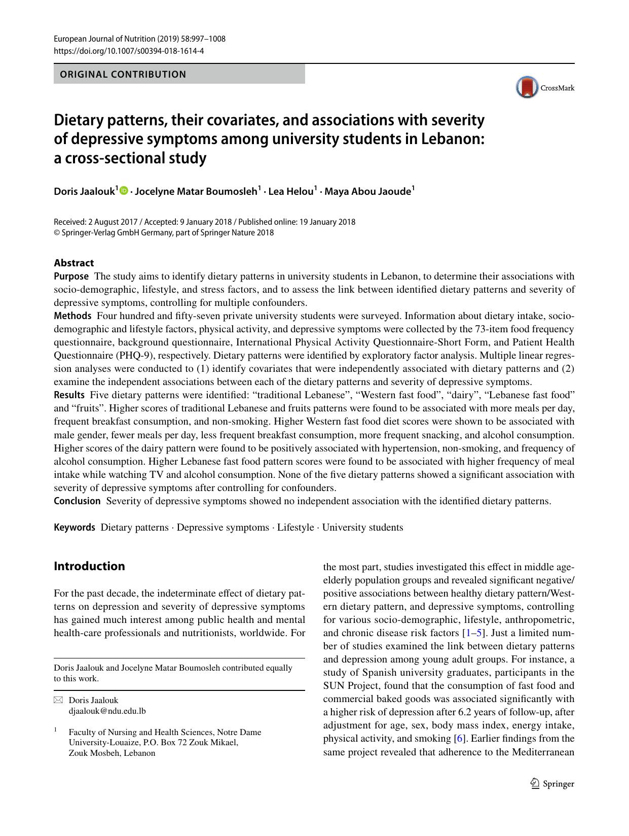 Dietary patterns, their covariates, and associations with severity of depressive symptoms among university students in Lebanon: a cross-sectional study by Doris Jaalouk