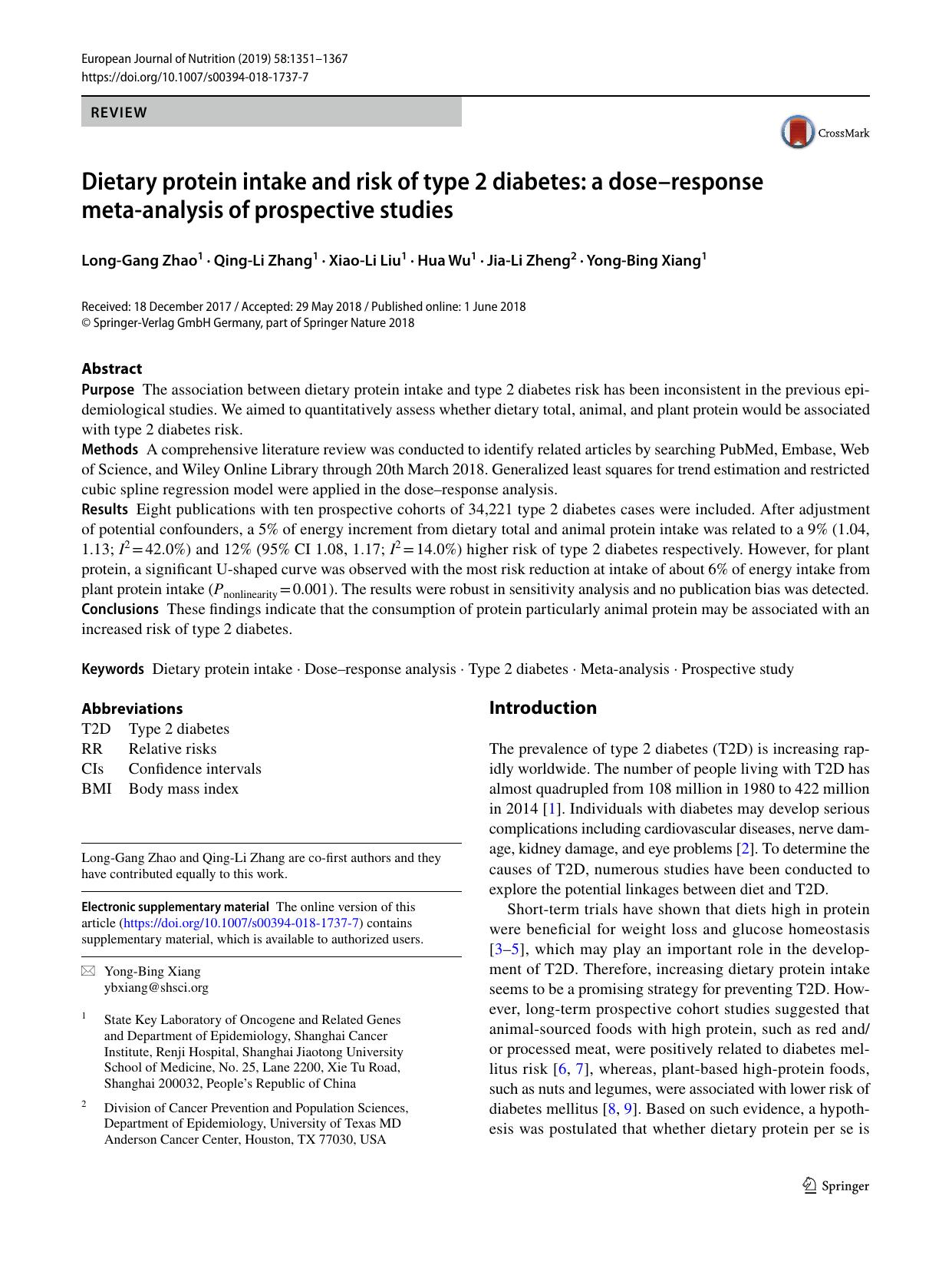 Dietary protein intake and risk of type 2 diabetes: a doseâresponse meta-analysis of prospective studies by Long-Gang Zhao