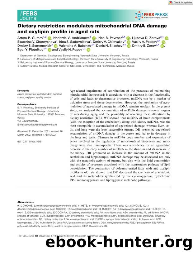 Dietary restriction modulates mitochondrial DNA damage and oxylipin profile in aged rats by Unknown