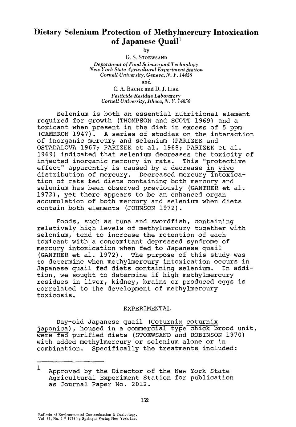 Dietary selenium protection of methylmercury intoxication of Japanese quail by Unknown