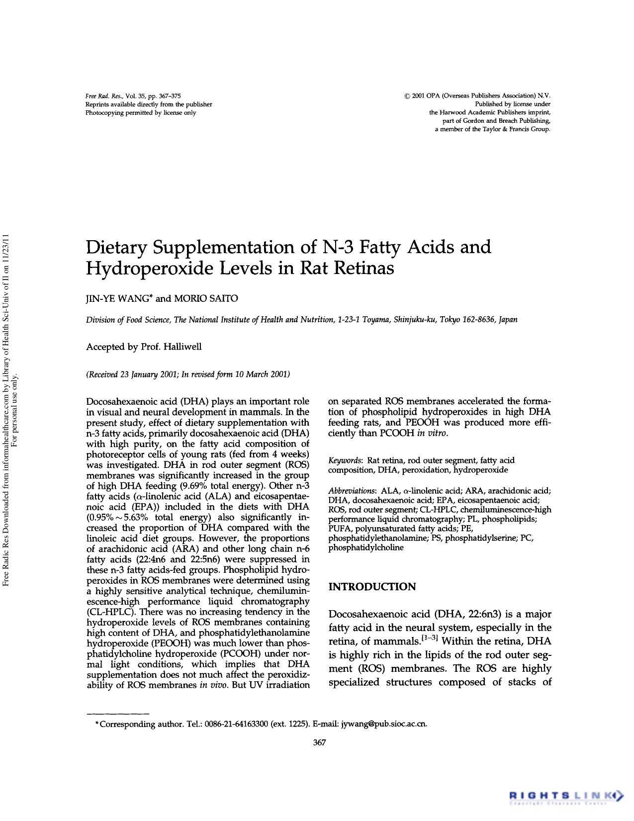 Dietary supplementation of N-3 fatty acids and hydroperoxide levels in rat retinas by Jin-Ye Wang & Morio Saito