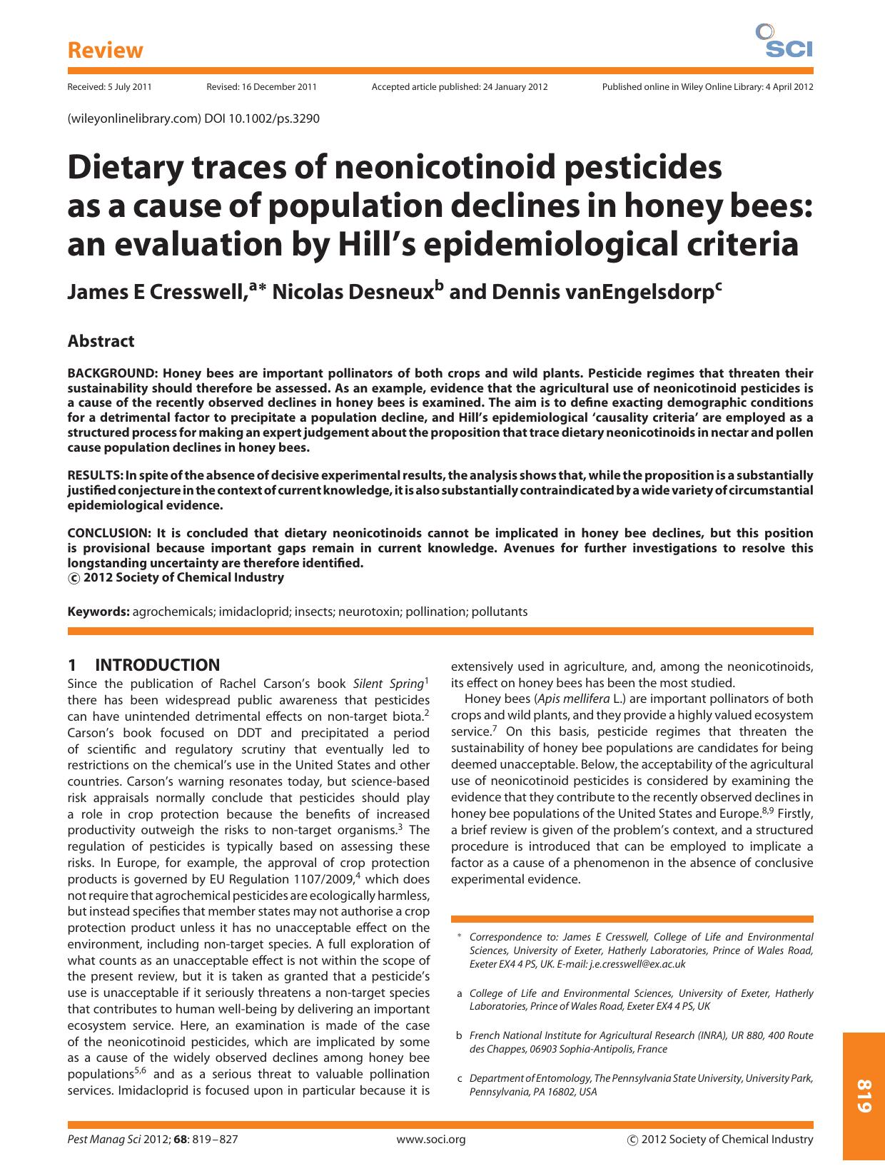 Dietary traces of neonicotinoid pesticides as a cause of population declines in honey bees: an evaluation by Hill's epidemiological criteria by Unknown