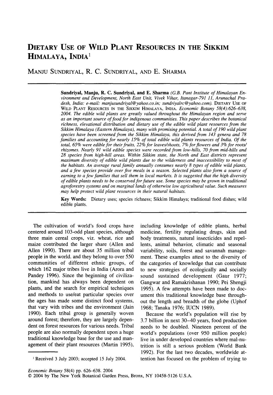 Dietary use of wild plant resources in the Sikkim Himalaya, India by Unknown