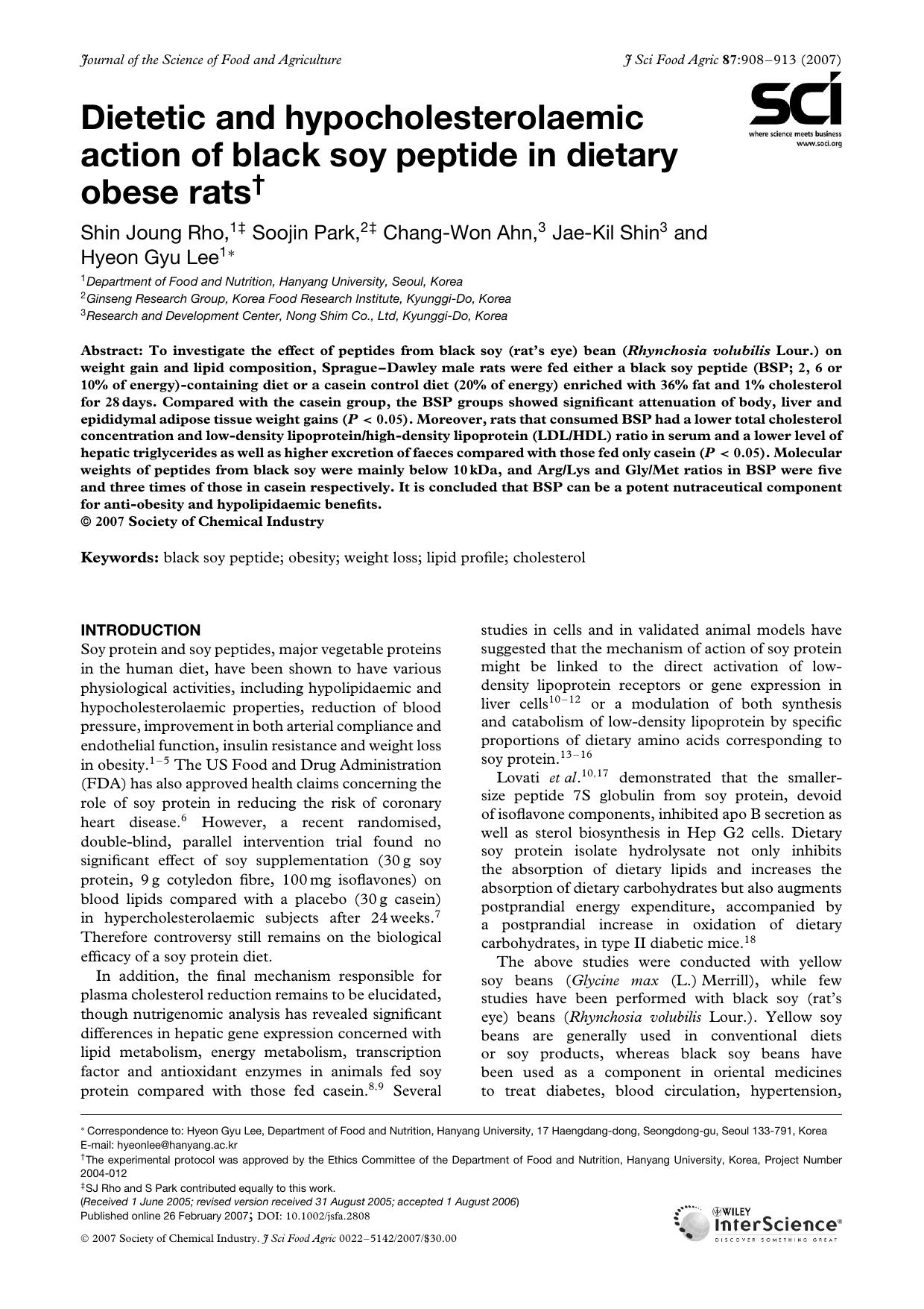 Dietetic and hypocholesterolaemic action of black soy peptide in dietary obese rats by Unknown